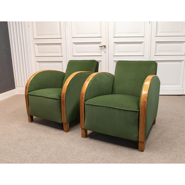Vintage Green Velvet Lounge Chairs with Wooden Arm Overlays, Sweden, 1930, Set of 2 For Sale - Image 13 of 15