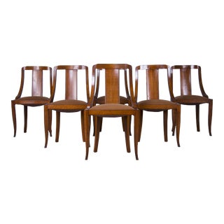 1930s French Art Deco Gondola Maple Dining Chairs W/ Brown Velvet - Set of 6 For Sale