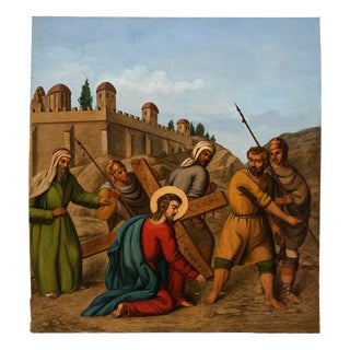 Stations of the Cross Jesus Falls Under the Cross (Third Station), 1800s, Oil Painting on Canvas For Sale