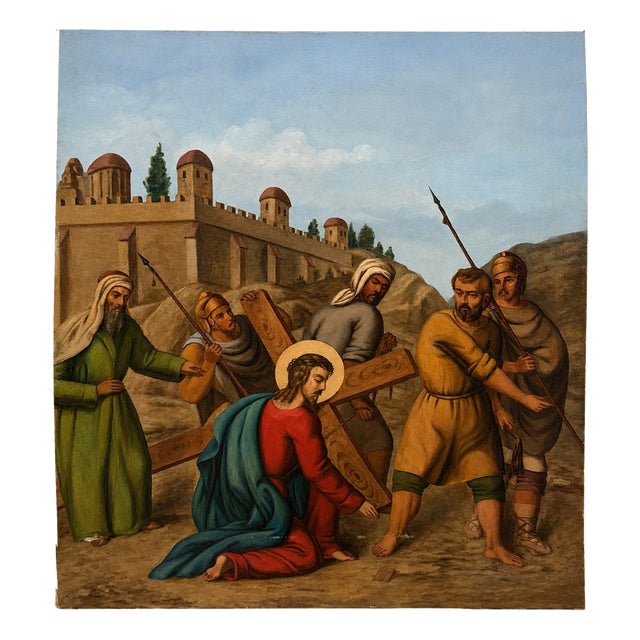 Stations of the Cross Jesus Falls Under the Cross (Third Station), 1800s, Oil Painting on Canvas For Sale
