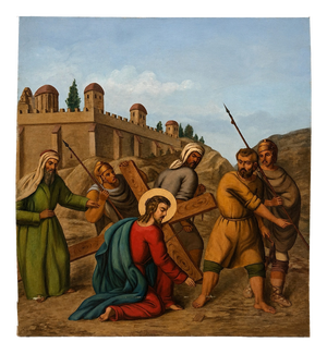 Stations of the Cross Jesus Falls Under the Cross (Third Station), 1800s, Oil Painting on Canvas