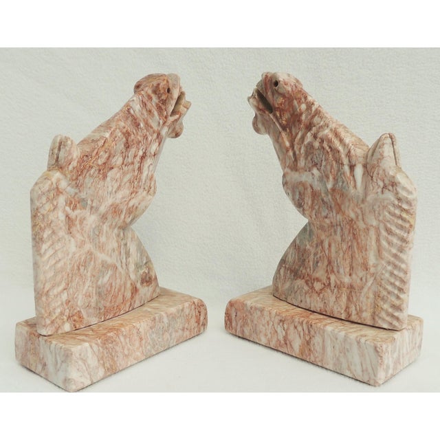 Mid-Century Modern Pair Vintage Mid Century Pink Marble Carved Equestrian Figural Horse Bookends For Sale - Image 3 of 10
