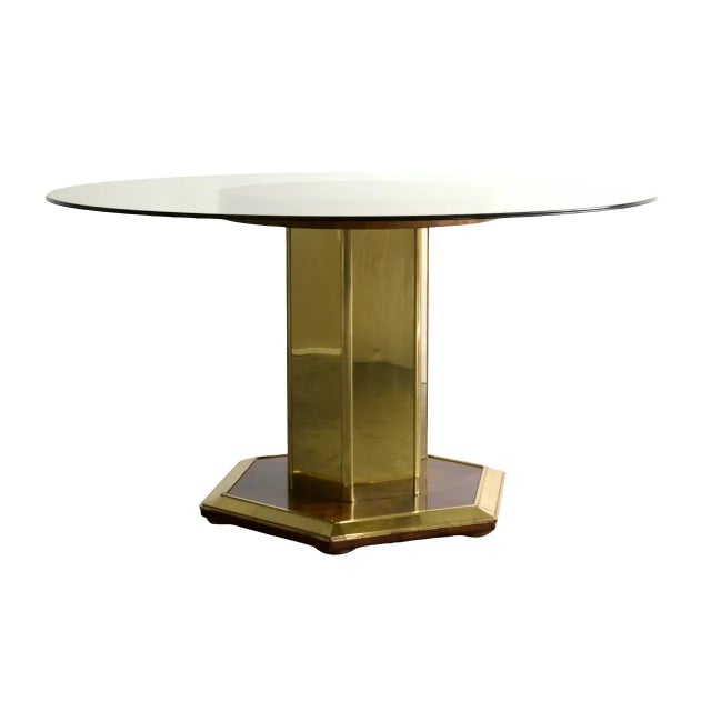 Wood 6 Person Henredon Brass & Burl Wood Hexagonal Pedestal Dining Table With Glass Top, Mid-Century For Sale - Image 7 of 7