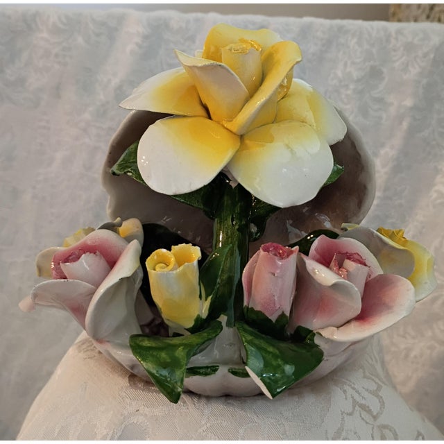 Yellow Vintage Mid-20th Century Italian Capodimonte Porcelain Pink & Yellow Roses Clam Shell Centerpiece Figurine For Sale - Image 8 of 8
