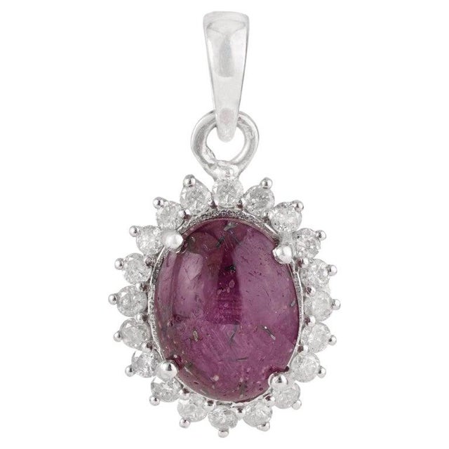 Oval Star 7.71 Ct Ruby Solitaire Pendant With Diamond Halo in Center For Sale - Image 10 of 15