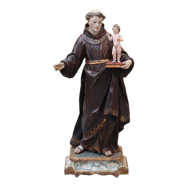 Antique Large Saint Anthony of Padua With Glass Eyes and the Child Jesus, 18th Century, Portuguese For Sale