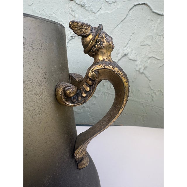 Egyptian Revival Style Winged Lyre Metal Cachepot or Jardinière Cover With Figural Handles, C. 1920s For Sale In Orlando - Image 6 of 12