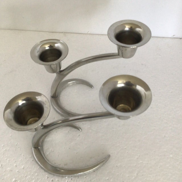 Pair of Mid Century Crescent Base Pewter Double Candle Holders For Sale - Image 12 of 13
