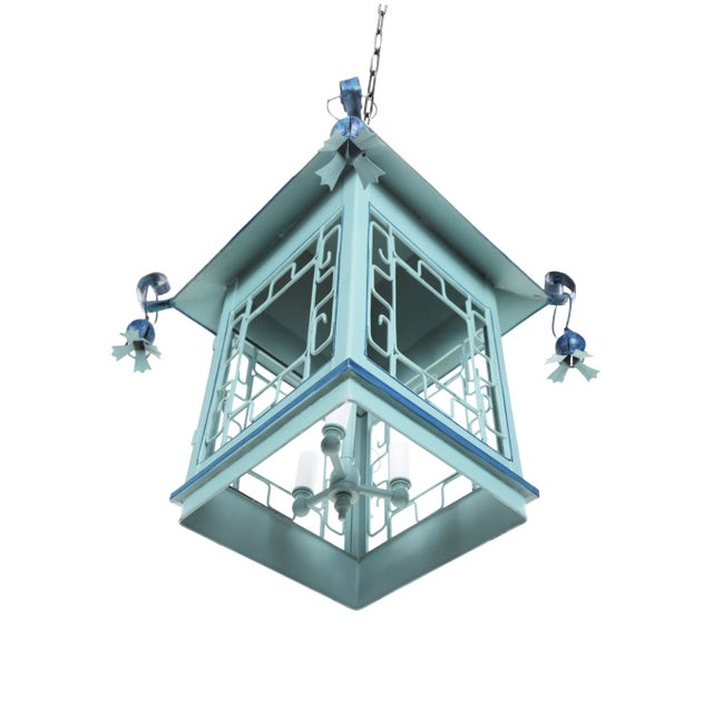 Metal Vintage Double Pagoda Blue Three Light Chandelier For Sale - Image 7 of 7
