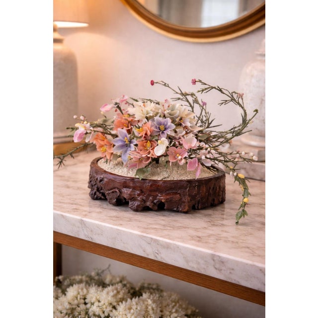 Vintage Chinese Hardstone-Style Floral Centerpiece on Carved Root-Form Base – 20” Wide For Sale In Los Angeles - Image 6 of 7