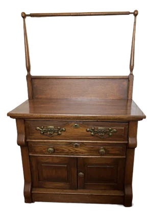 Oak Commode Early American 20th Century With Brass Hardware and Towel Rack