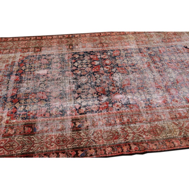 1960s Vintage Distressed Handmade Floral Red Wool Rug For Sale - Image 5 of 9
