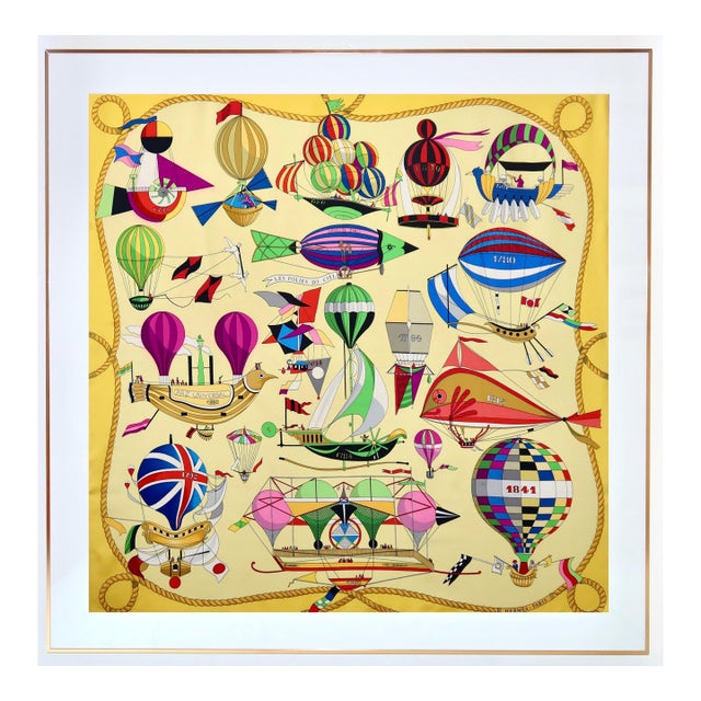 Framed Hermès Silk Scarf "Les Folies Du Ciel" by Loïc Dubigeon - Orange Gold Frame For Sale