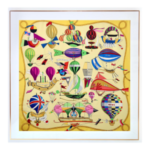 Framed Hermès Silk Scarf "Les Folies Du Ciel" by Loïc Dubigeon - Orange Gold Frame