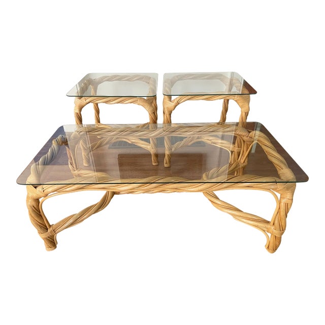Vintage Coffee Table Rattan Side Tables Bamboo Coastal Furniture Set of Beach House Living Room Light Colored End Tables Palm Beach Set For Sale