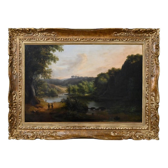 A. Savary, Discussion by the River, Mid-19th Century, Oil on Canvas For Sale