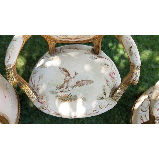 Champagne Late 19th C. Louis XVI Revival Giltwood Aubusson Tapestry Salon Suite | Canapé & Four Fauteuils For Sale - Image 8 of 18