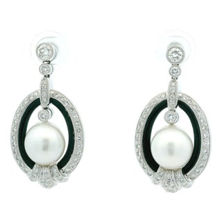 Vintage 18k White Gold South Sea Pearl, Onyx and 5 Carat Diamond Earrings, Pair For Sale
