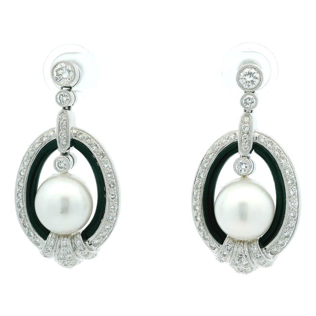 Vintage 18k White Gold South Sea Pearl, Onyx and 5 Carat Diamond Earrings, Pair For Sale