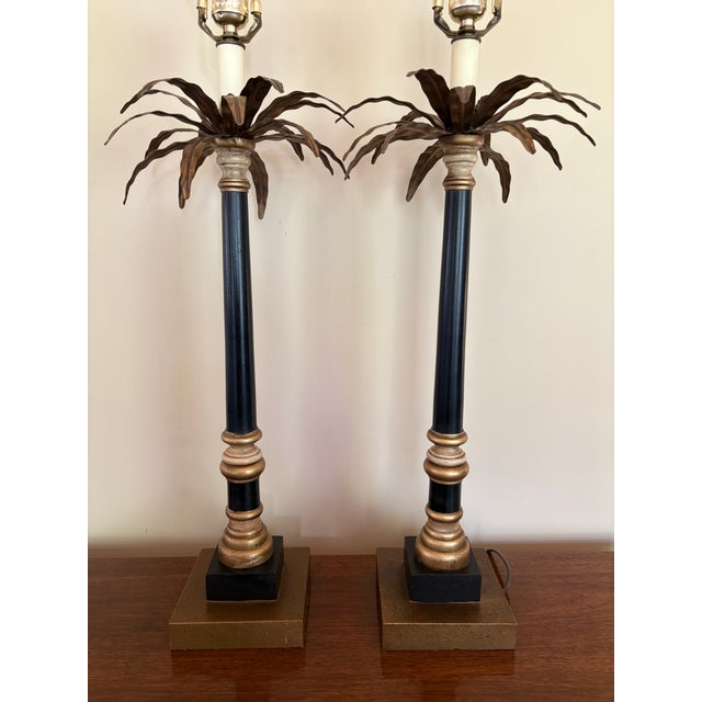 Late 20th Century Late 20th Century Hollywood Regency Neoclassical Palm Tree Motif Buffet Lamps in Black and Gold - a Pair For Sale - Image 5 of 12