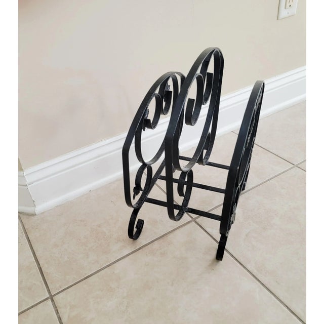 Art Deco Vintage Wrought Iron Magazine Rack, Black Scroll Metal Storage Stand For Sale - Image 3 of 7