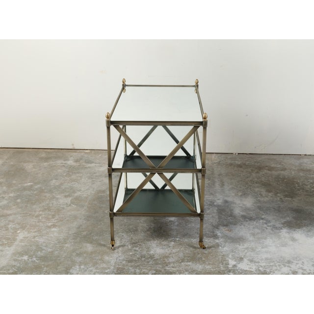 Brass Italian Midcentury Patinated Metal Trolley with Mirrored Shelves and Casters For Sale - Image 8 of 10