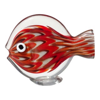 Vintage Murano Red Orange White Gold Flecks Italian Art Glass Flat Fish Figure Sculpture Paperweight For Sale