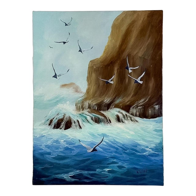 Original Seaside Oil Painting Seagulls Cliffs, Signed N. Gibbs Art, Coastal For Sale