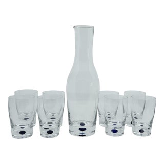 Blue Dot Intermezzo Orrefors Crystal Carafe and 8 Drinks Glasses For Sale