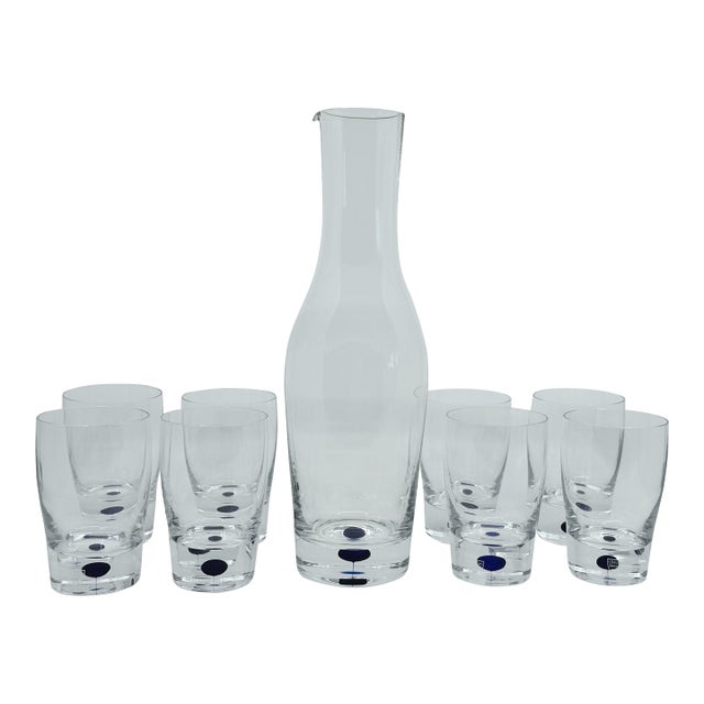 Blue Dot Intermezzo Orrefors Crystal Carafe and 8 Drinks Glasses For Sale