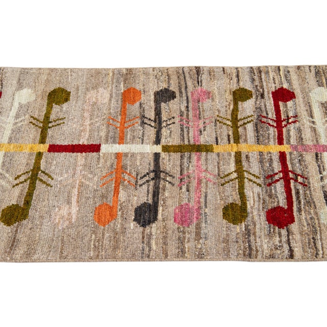 2020s Modern Oushak Brown Hadnmade Geometric Wool Runner For Sale - Image 5 of 11