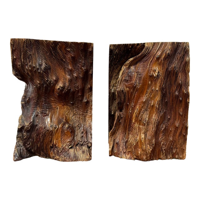 1970s Organic Modern Burl Wood Bookends – Sculptural Brutalist Studio Craft Pair For Sale