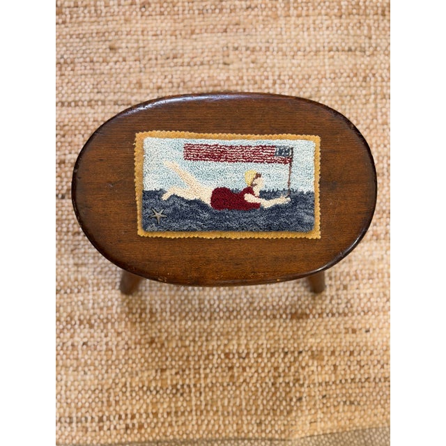 Brown Antique Footstool With Hand Hooked Detailed Top For Sale - Image 8 of 8