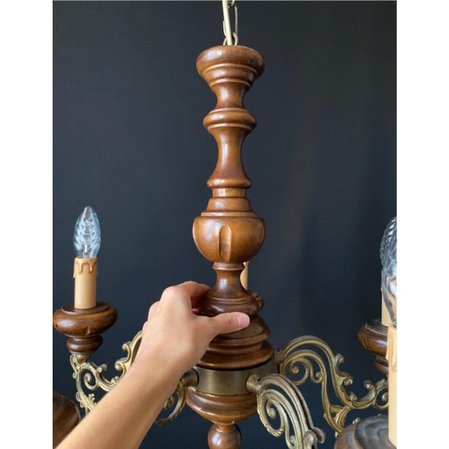 Antique Wood and Brass Chandelier, 1960s For Sale - Image 9 of 11