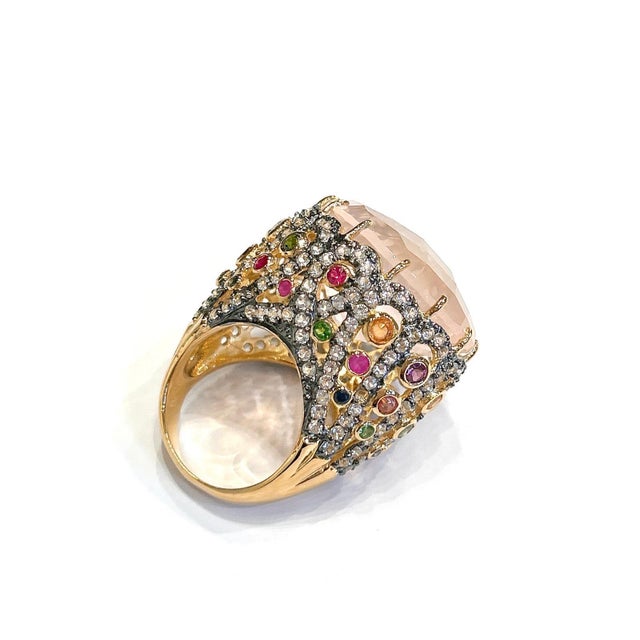 Bochic "Orient" Pink Quartz & Sapphire Ring Set In 18K Gold & Silver For Sale - Image 18 of 18
