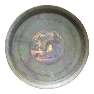 Antique 19th Century Round French Tole Tray with Neoclassical Scene and Pale Green Ground For Sale