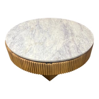 Four Hands Round Oak “Leland” Coffee Table With White Marble Top For Sale