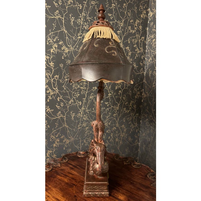 Metal Hollywood Regency Maitland Smith Elephant & Monkey Figural Lamp With Faux Tooled Leather Shade For Sale - Image 7 of 10