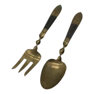 Brass Buddha & Wood Vintage Siam Salad Spoon and Fork Serving Set- 2 Pieces