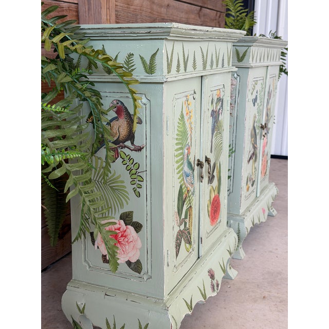 Vintage Hand-Painted Tropical Folk Art Cabinets With Botanical & Animal Motifs-Pair For Sale - Image 10 of 12