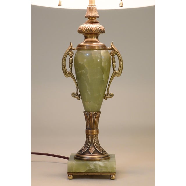 Neoclassical Mutual Sunset Lamp Co. French Empire Deco Neoclassical Green Onyx Marble Bronze Brass Table Lamps 1930's For Sale - Image 3 of 13