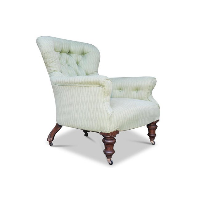 Victorian Green Button-Tufted Armchair with Mahogany Legs and Porcelain Castors in the style of Howard and Sons, 1890s For Sale - Image 3 of 6