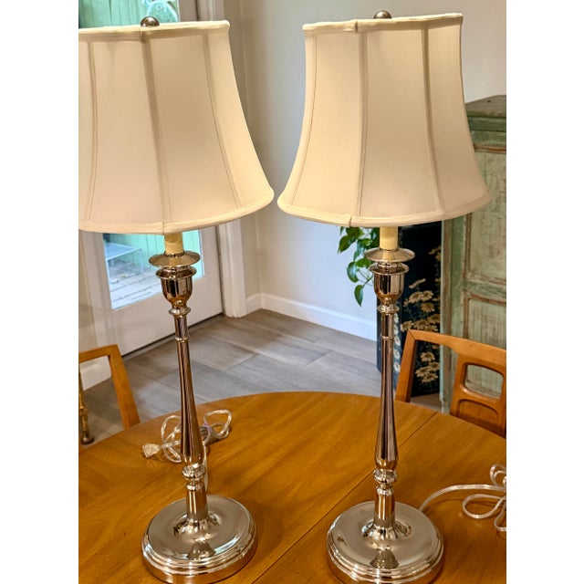 Neoclassical Ralph Lauren Chrome Candlestick Table Lamps - a Pair For Sale - Image 3 of 12