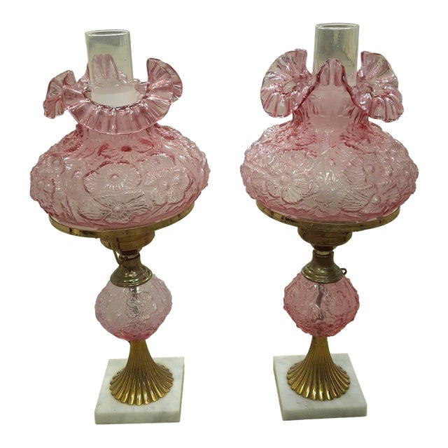 Mid 20th Century Fenton Art Glass and Marble Hurricane Table Lamps - a Pair For Sale
