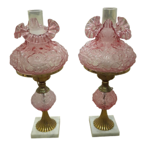 Mid 20th Century Fenton Art Glass and Marble Hurricane Table Lamps - a Pair