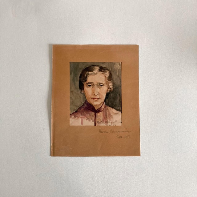 1953 Modern Portrait Watercolor Painting of a Woman Wearing a Kimono Jacket For Sale - Image 10 of 10