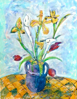Contemporary "Calla Lilies, Iris and Tulips" Painting on Paper