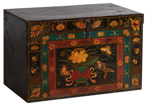 Antique Chinese Dark Colored Floral Patterned Trunk, 1900s