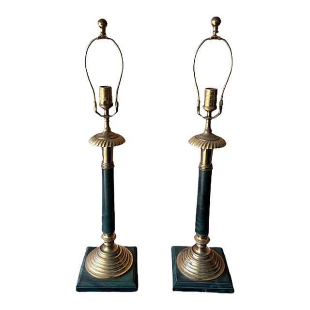 Mid 20th Century Brass and Marble Table Lamps Matching Pair For Sale