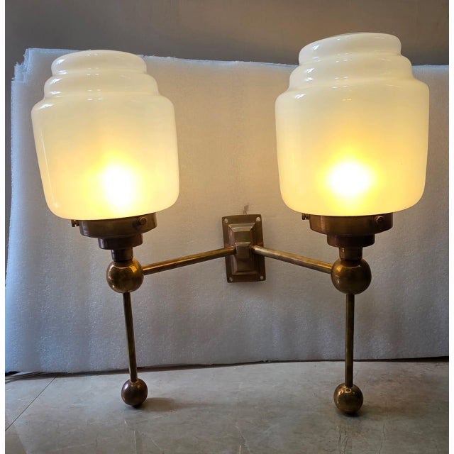 Vintage Art Deco Light Old Lamp Wall Sconces Fixture Brass & Skyscraper Milk Glass Shade Ship Light For Sale - Image 6 of 7